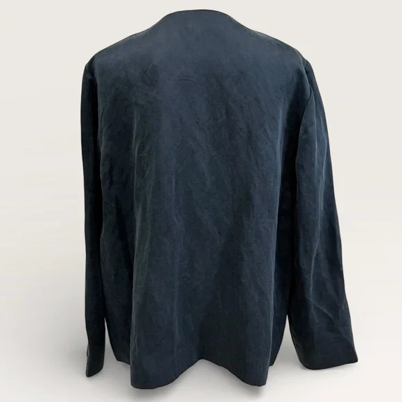 Eileen Fisher Large Linen Silk Satin Round Neck Open Jacket Deep Adriatic Blue - Picture 6 of 16